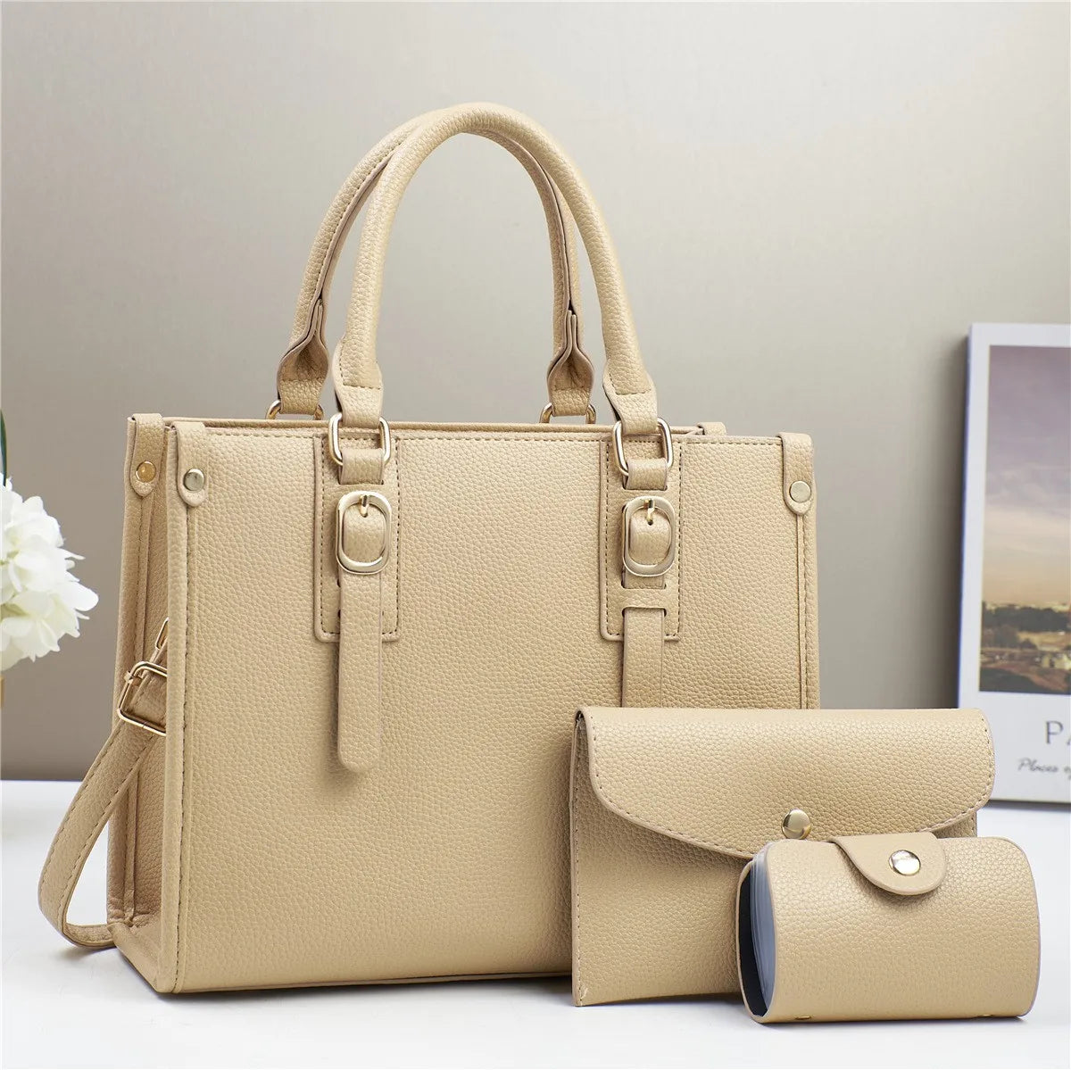 Set Sac Femme 3 Pièces – Cabas, Bandoulière & Portefeuille Assortis, Cuir PU