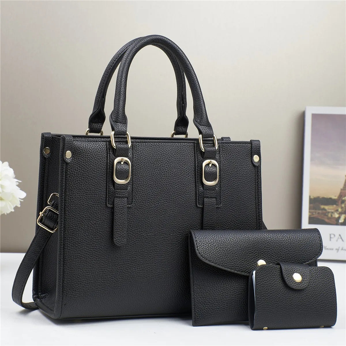 Set Sac Femme 3 Pièces – Cabas, Bandoulière & Portefeuille Assortis, Cuir PU