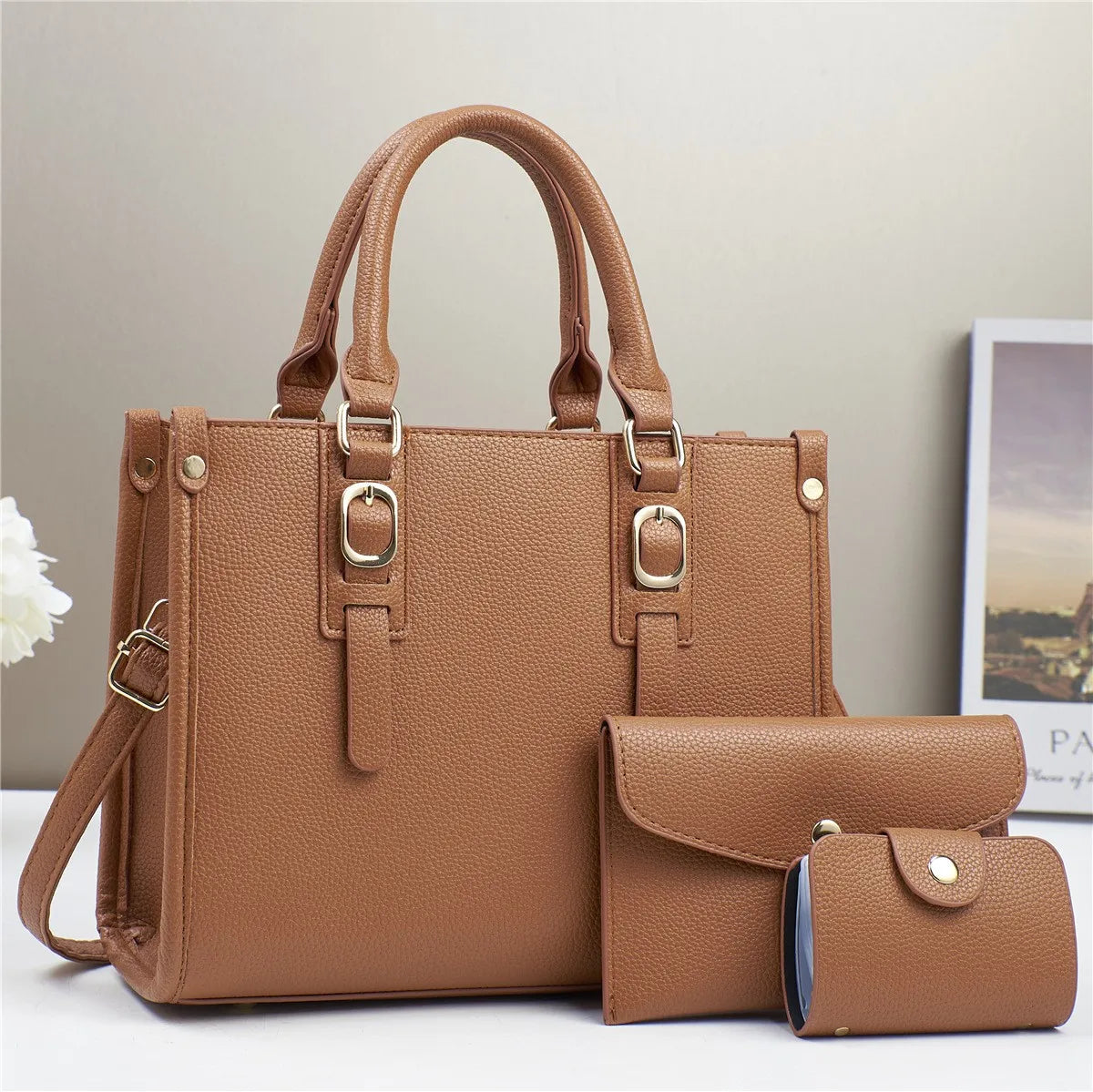 Set Sac Femme 3 Pièces – Cabas, Bandoulière & Portefeuille Assortis, Cuir PU