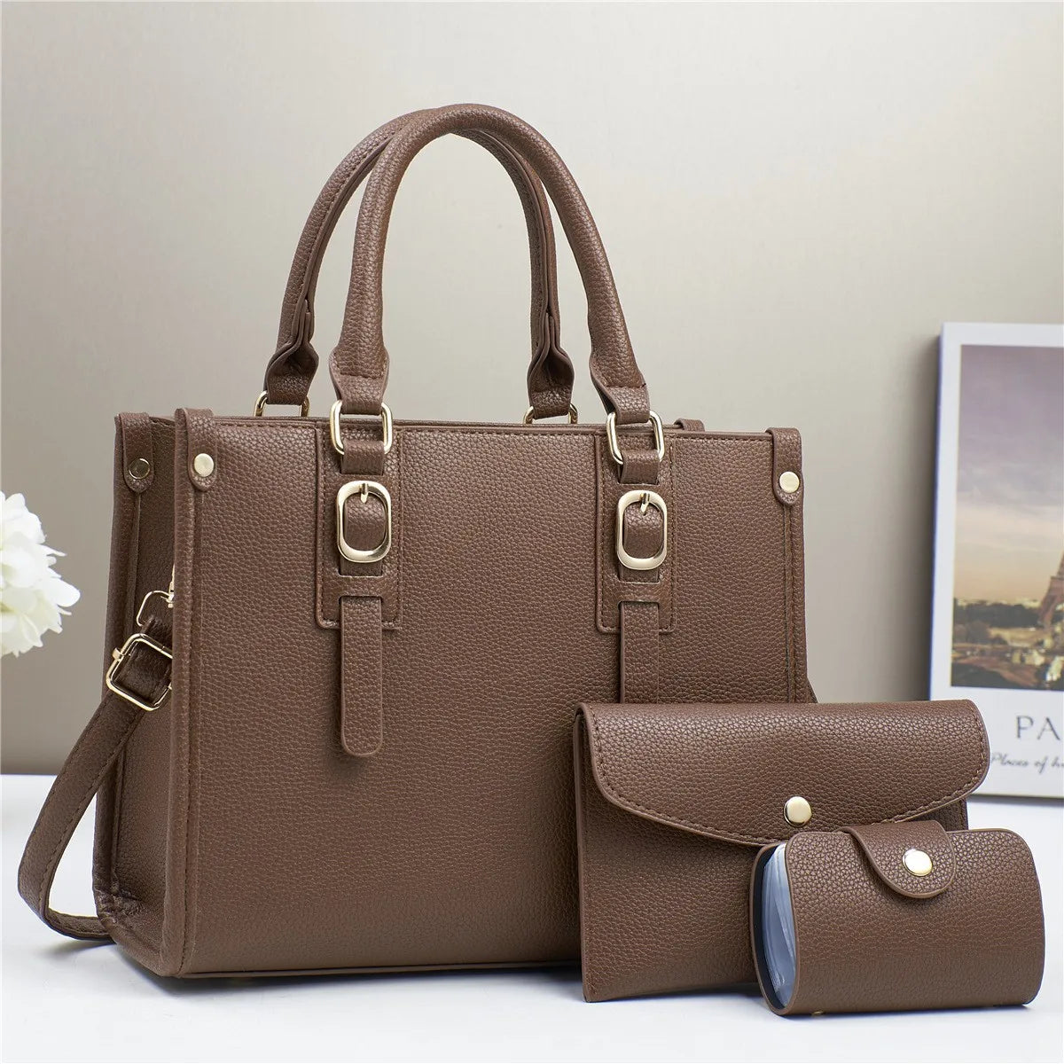 Set Sac Femme 3 Pièces – Cabas, Bandoulière & Portefeuille Assortis, Cuir PU