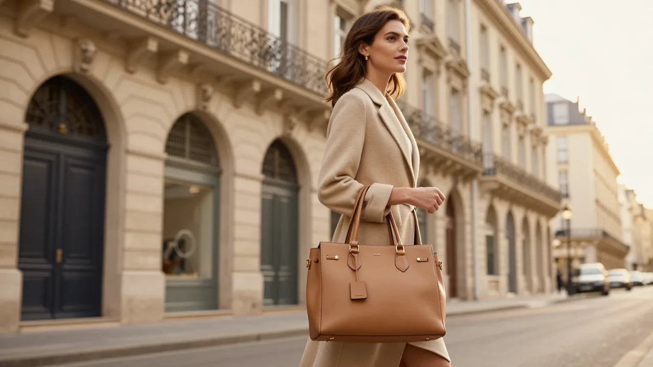 Le Signature — femme élégante Paris, cabas monogramme cuir vegan